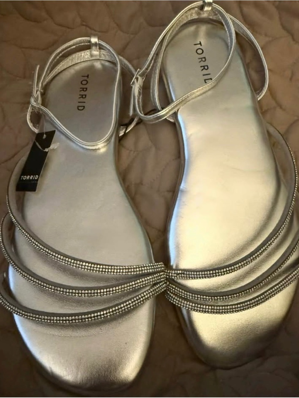 torrid Silver Metallic Rhinestone Triple-Strap Flat Sandals
